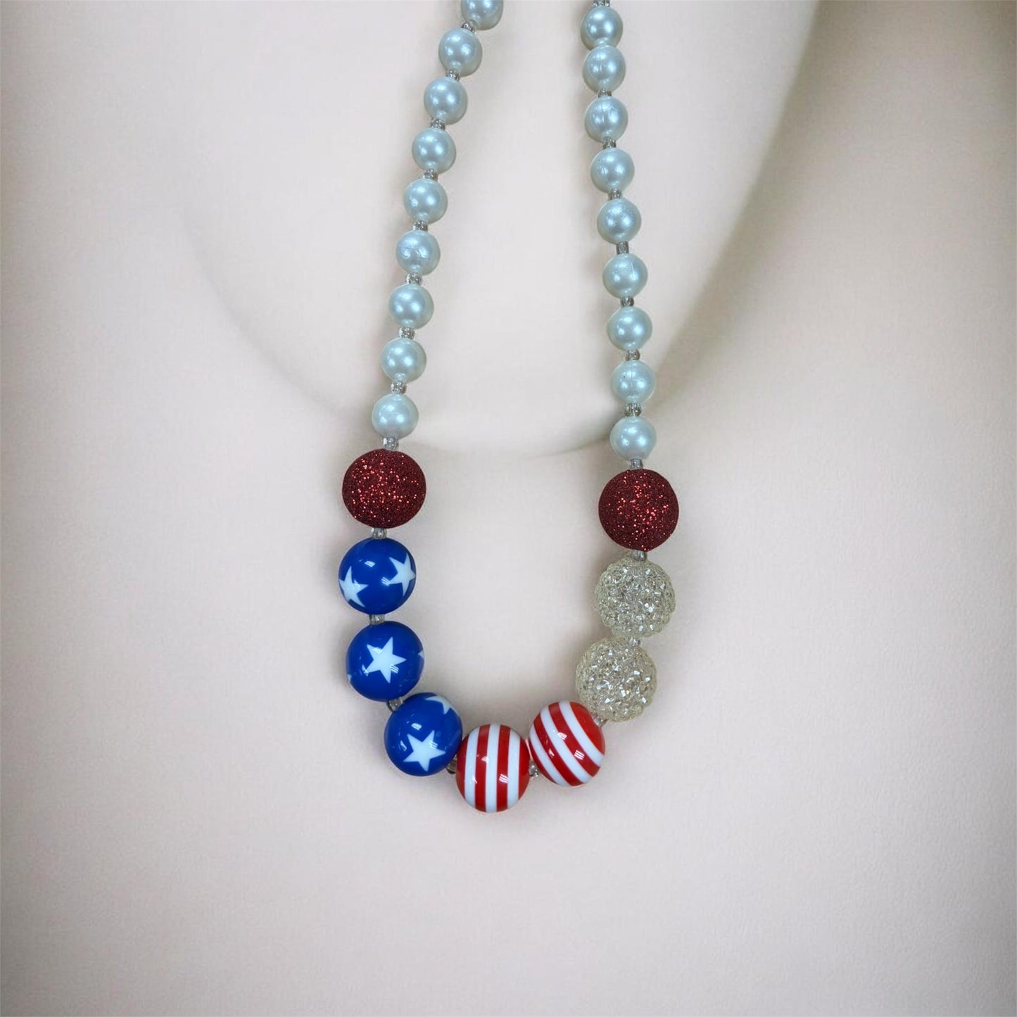 Patriotic Bubblegum Bead Necklace | Red White & Blue Stars & Stripes Statement Necklace | 4th of July Jewelry
