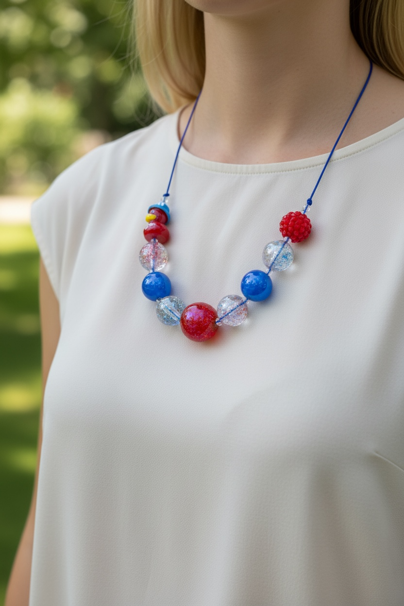 Mloved Designs red, white, and blue beaded statement necklace with glitter and glossy spheres on a blue cord.