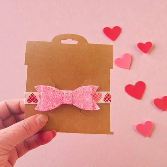 Pink Glitter Bow with Heart Pattern Headband