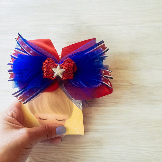 Red, White, and Blue Hair Bow with Sparkly Star - Perfect for 4th of July!