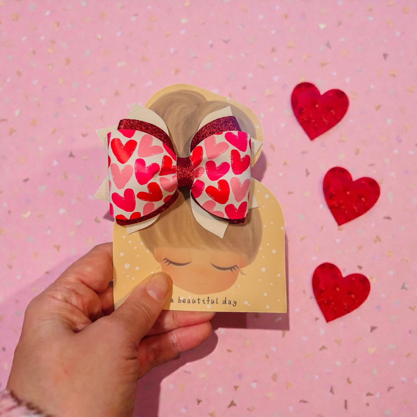 Elegant Red and Pink Heart Hair Bow