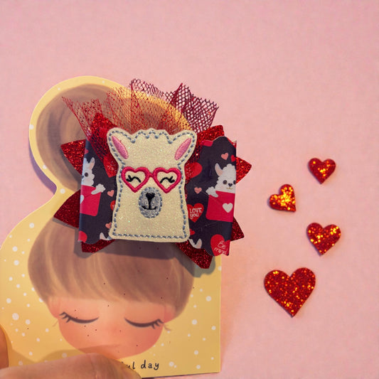 Whimsical Llama Heart Glasses Hair Bow