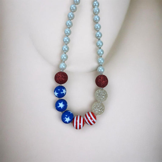 Patriotic Bubblegum Bead Necklace | Red White & Blue Stars & Stripes Statement Necklace | 4th of July Jewelry